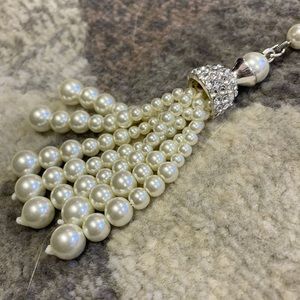 Talbot’s Pearl Beaded Tassel Necklace with Silver Hardware.